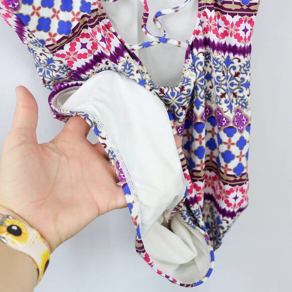 La Blanca Purple Floral Striped One Piece Swimsuit V-Neck Lattice Back Size 6 - Picture 4 of 5